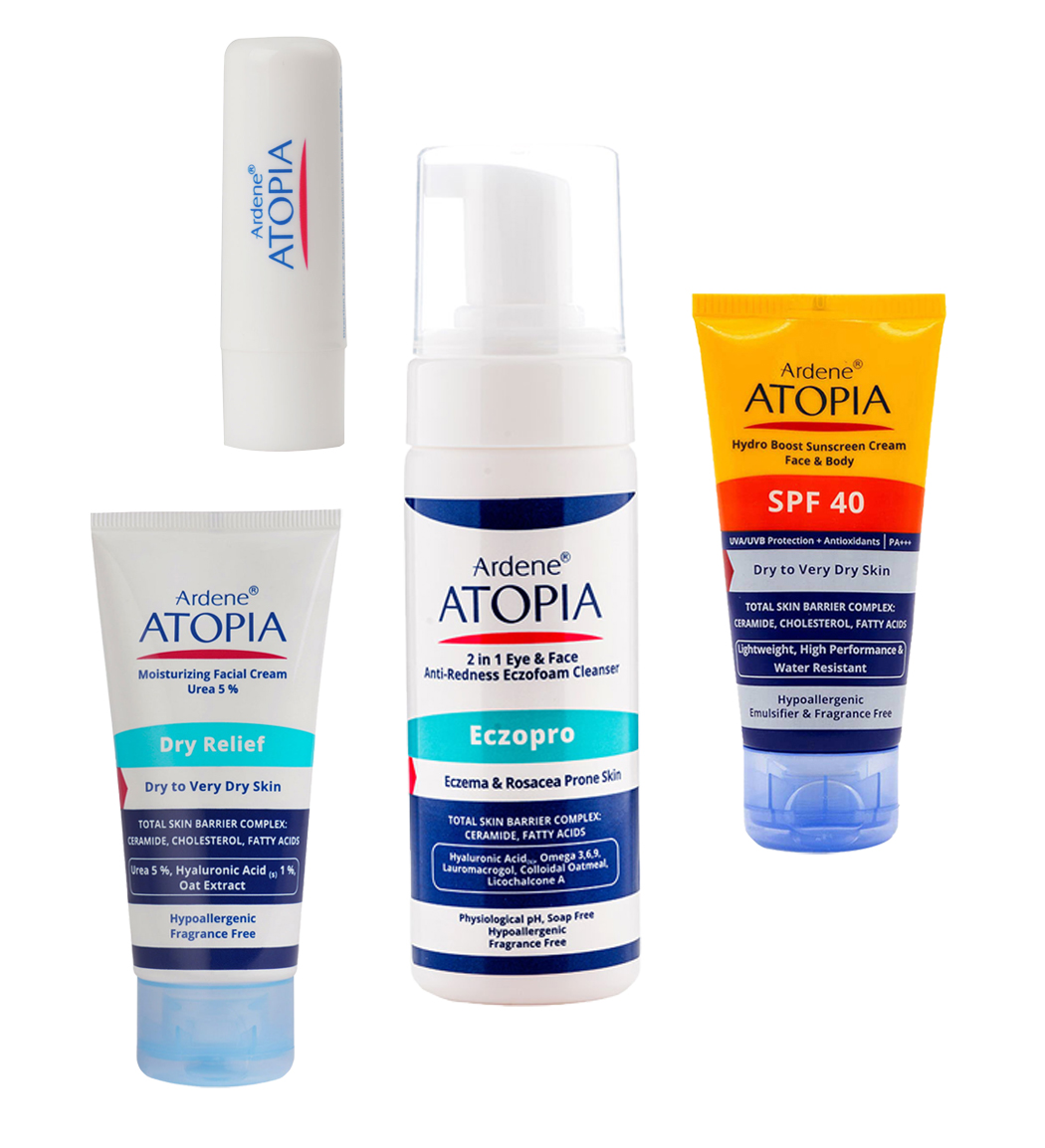پک فوم شوینده و پاک کننده ملایم صورت و اطراف چشم مناسب پوست های خیلی خشک و مستعد قرمزی 150میل آتوپیا به همراه  کرم مرطوب کننده قوی صورت حاوی اوره 5 درصد حجم 50میل آتوپیا و کرم ضد آفتاب آتوپیا SPF40 مناسب پوست خشک و خیلی خشک  50میل و بالم لب مرطوب کننده و ترمیم کننده Dry Relief آتوپیا 4.5میل
