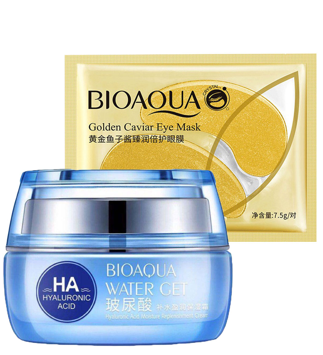 کرم مرطوب کننده هیالورونیک اسید و ماسک ورقه ای زیر چشم خاویار طلایی بسته 2 عددی