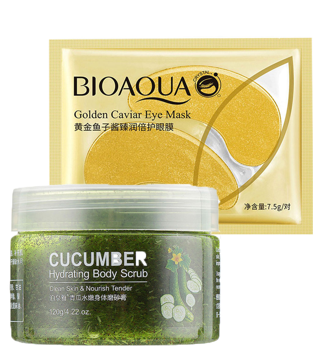 اسکراب لایه بردار پوست مدل خیار و ماسک ورقه ای زیر چشم خاویار طلایی بسته 2 عددی