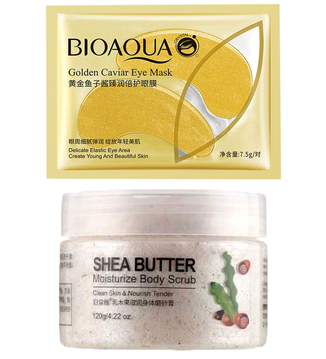 اسکراب بدن حاوی شی باتر و ماسک ورقه ای زیر چشم خاویار طلایی بسته 2 عددی