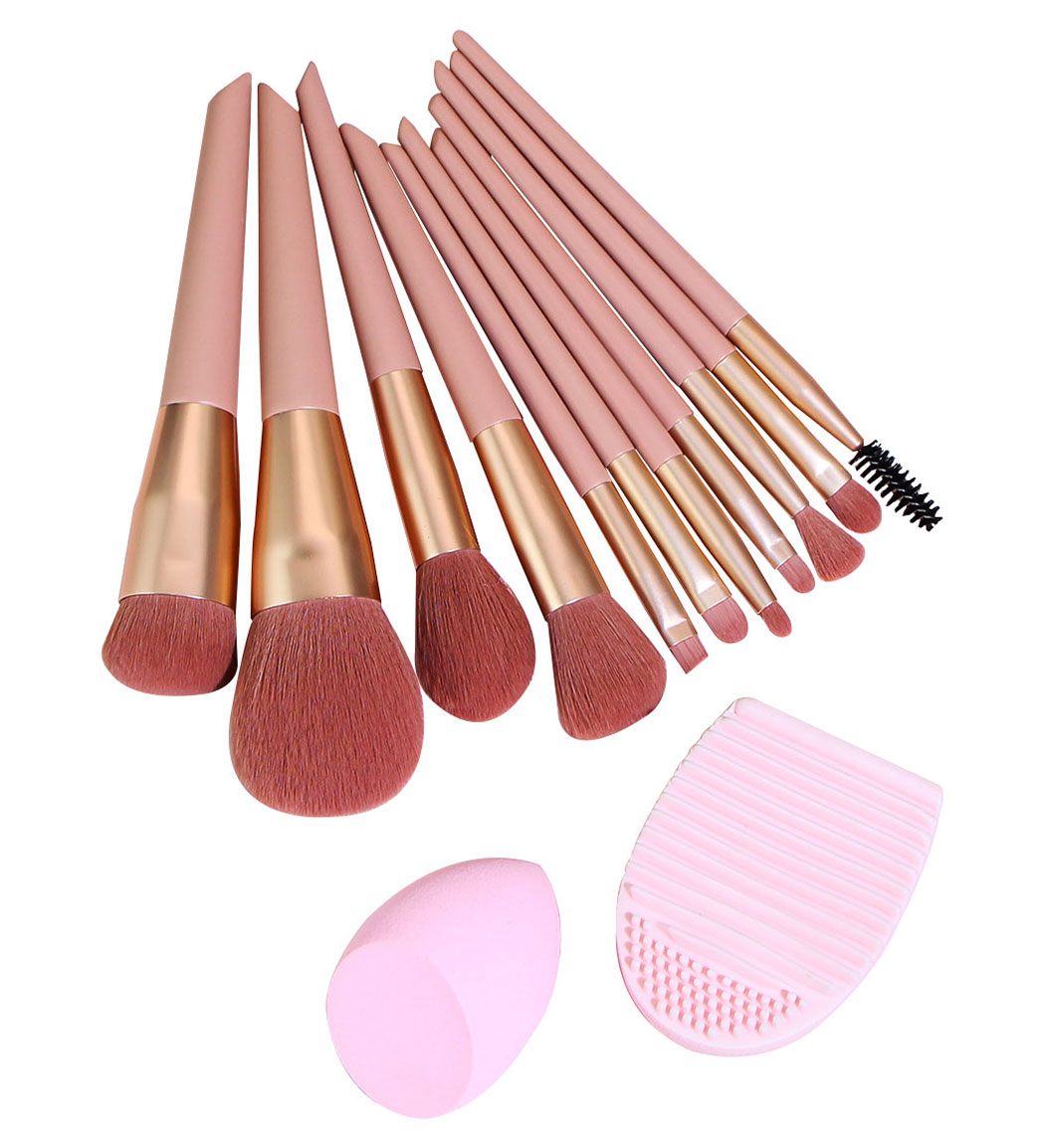 ست براش مدل P1 قهوه ای روشن 11 عددی به همراه 1 عدد پد آرایشی و براش شور