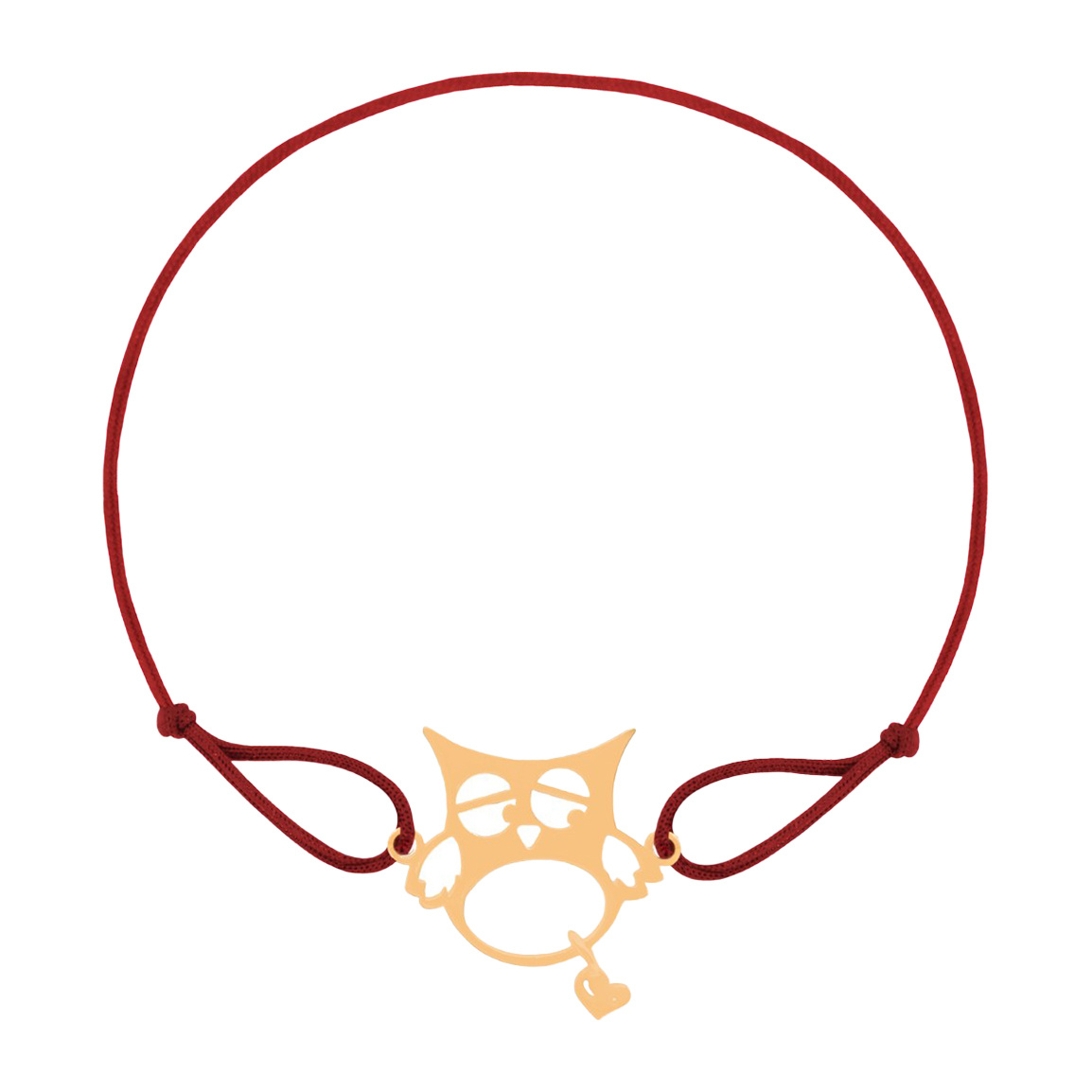 دستبند طلا 18 عیار با بند نخی مدل جغد و قلب