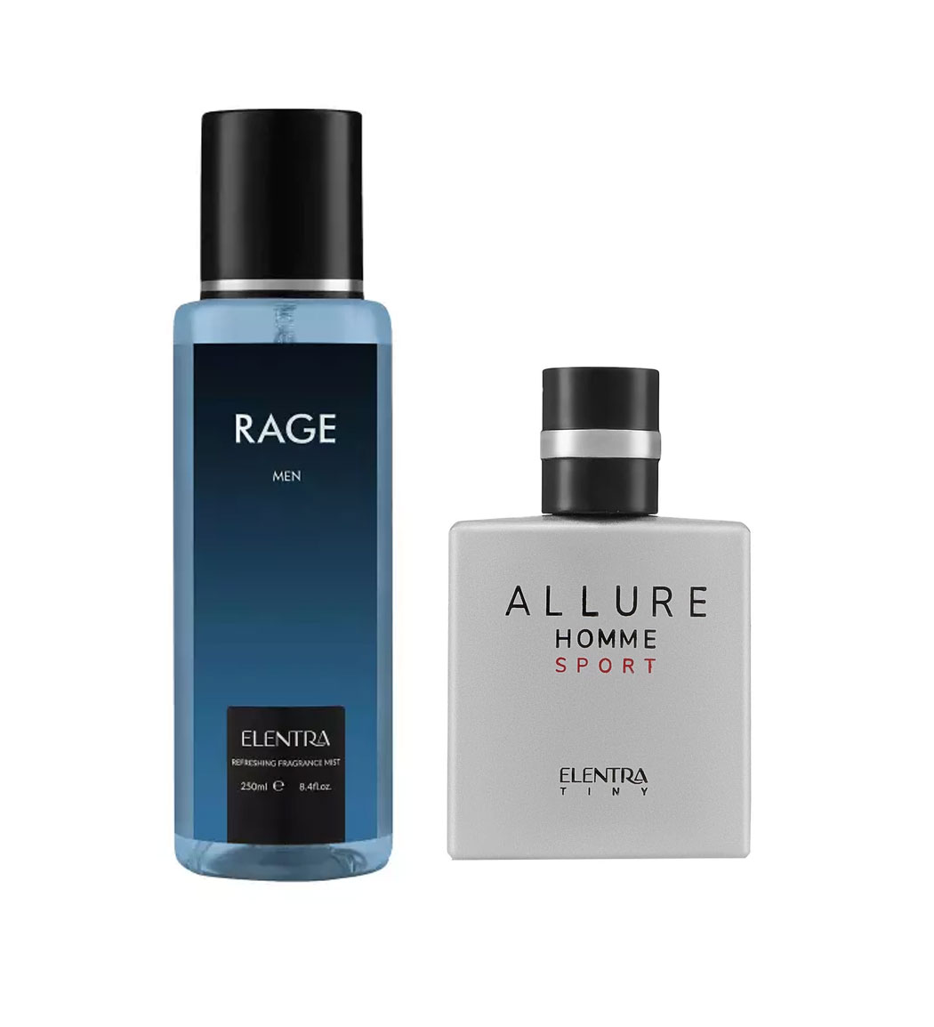 عطر جیبی مردانه مدل Allure Homme Sport النترا تاینی به همراه بادی اسپلش مردانه مدل Rage