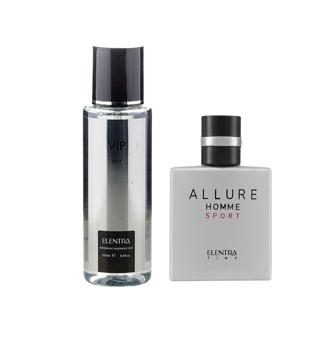 عطر جیبی مردانه مدل Allure Homme Sport النترا تاینی به همراه بادی اسپلش مردانه مدل Vip