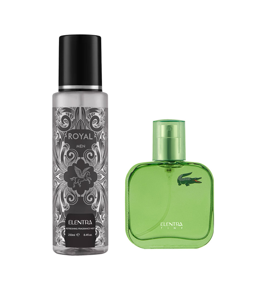 عطر جیبی مردانه تاینی مدل Lacoste Essentional النترا تاینی یه همراه بادی اسپلش مردانه مدل Royal