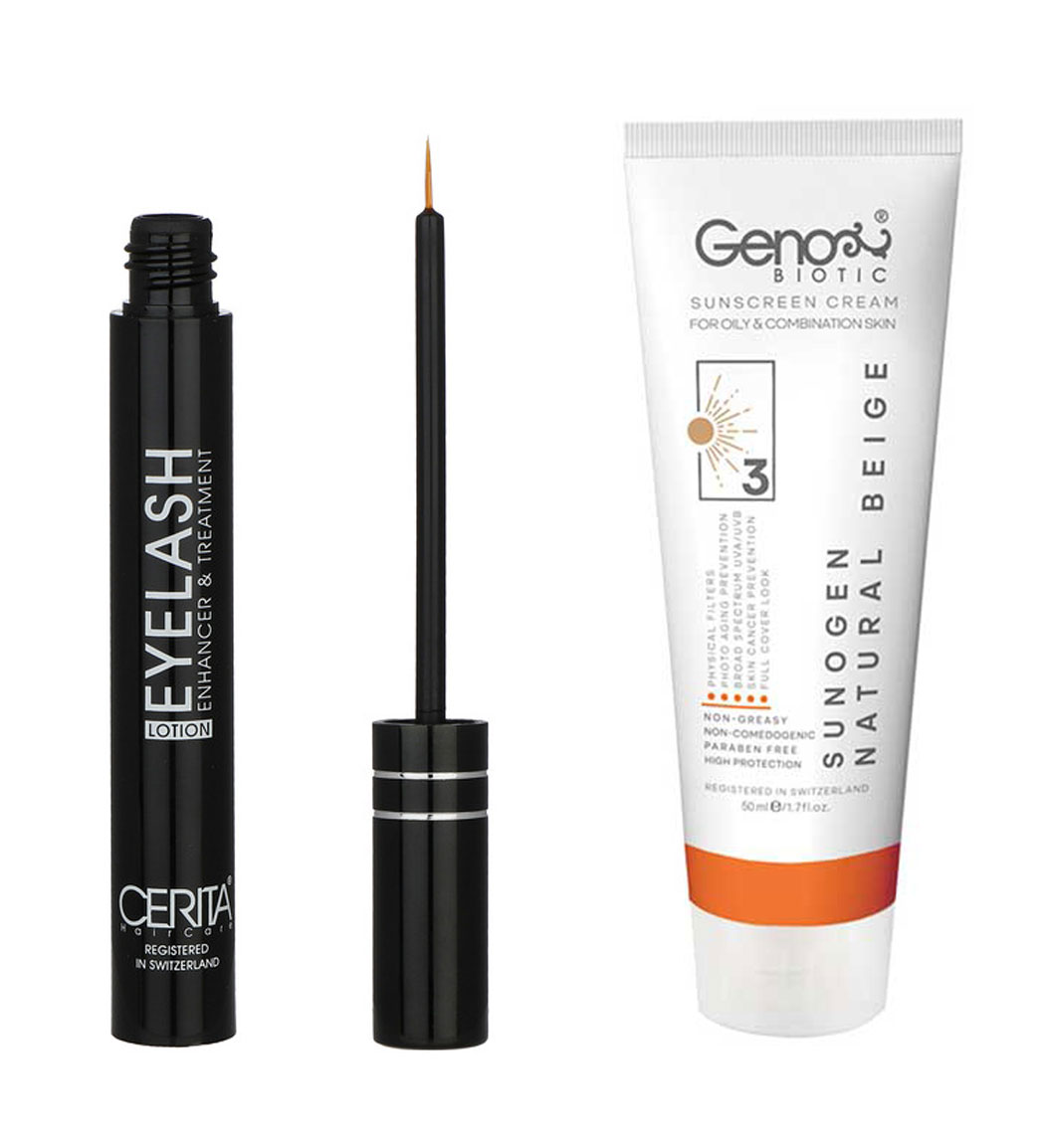 پک محلول تقویت کننده مژه سریتا و ضد آفتاب رنگی مناسب پوست چرب و مختلط SPF50 رنگ بژ طبیعی