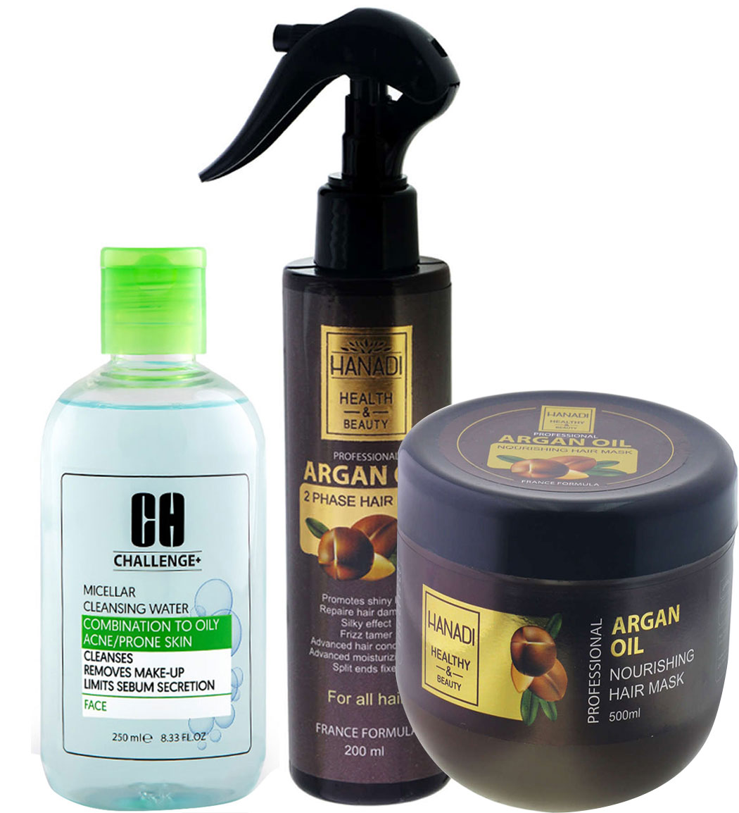 ماسک مو دوفاز هانادی+ماسک مو آرگان کاسه ای هانادی+میسلار پوست چرب چلنج