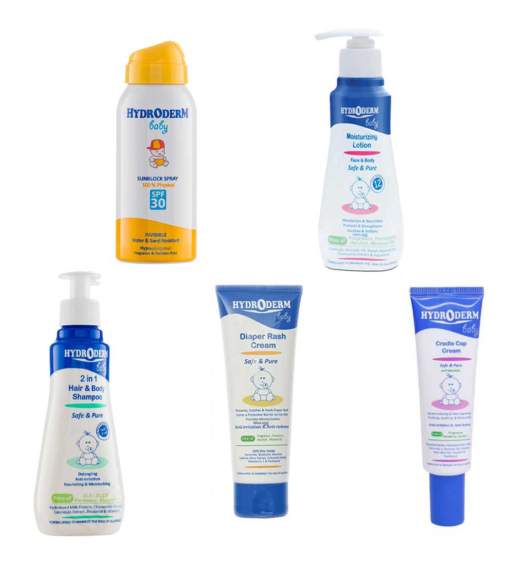 پک اسپری ضد آفتاب کودکان 100درصد فیزیکال اس پی اف 30 حجم 100میل به همراه کرم ضد سوختگی پا کودک و  شامپو سر و بدن نوزادان و شیرخواران 250گرم و کرم برطرف کننده پوسته های چرب سر نوزاد 30میل و لوسیون بدن نوزادان