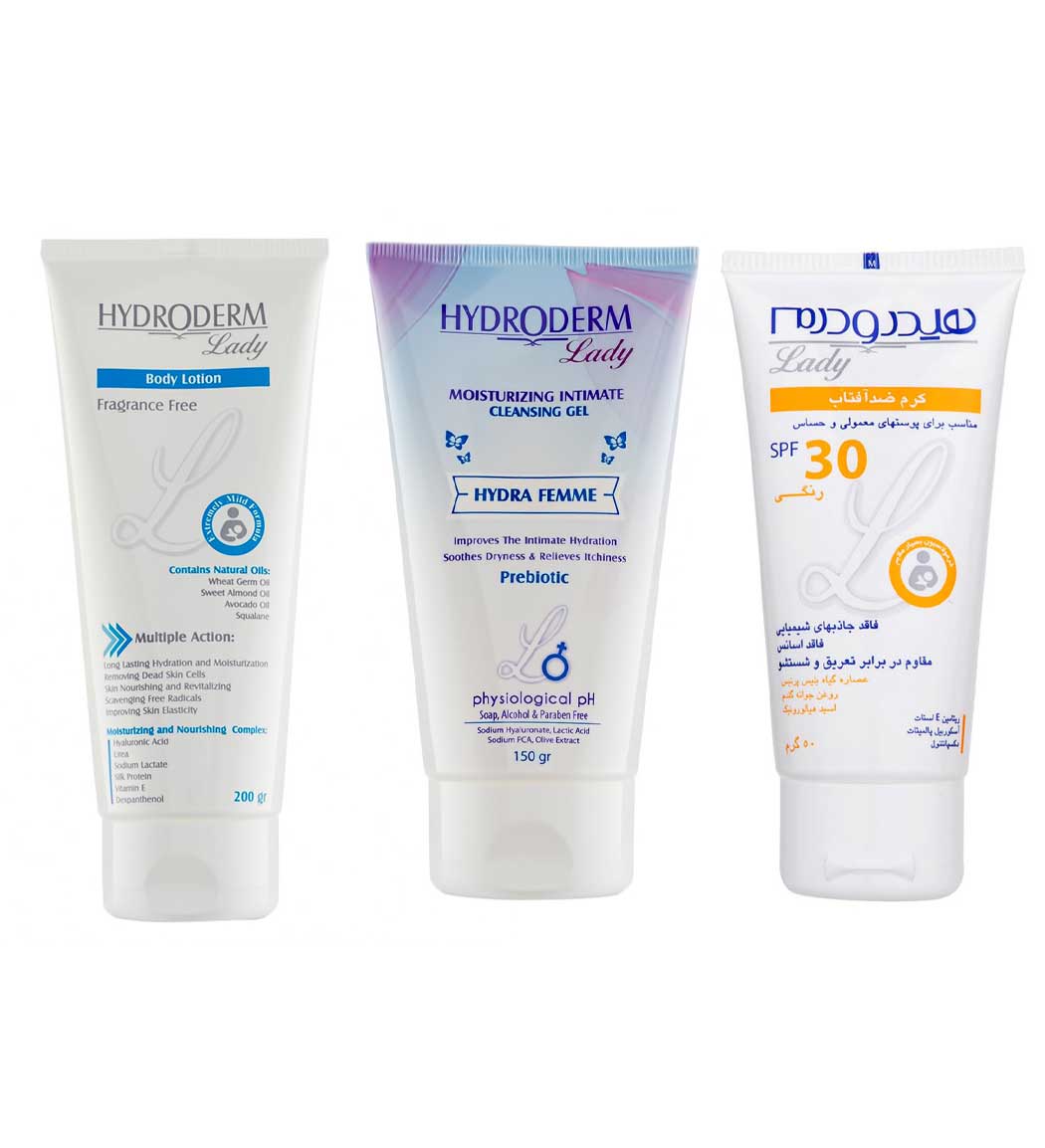 پک ژل بهداشتی بانوان لیدی هیدرا فم مرطوب کننده ناحیه واژینال 150میل به همراه لوسیون بدن لیدی 200گرم و کرم ضد آفتاب رنگی لیدی Spf30