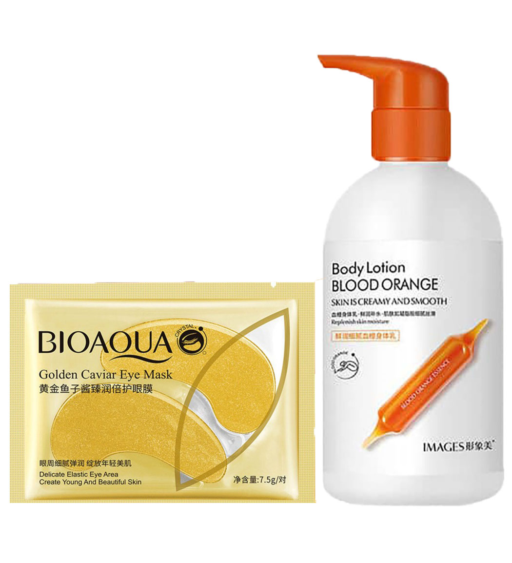 پک 2 عددی ماسک ورقه ای زیر چشم خاویار طلایی بیوآکوا و لوسیون بدن پرتقال خونی