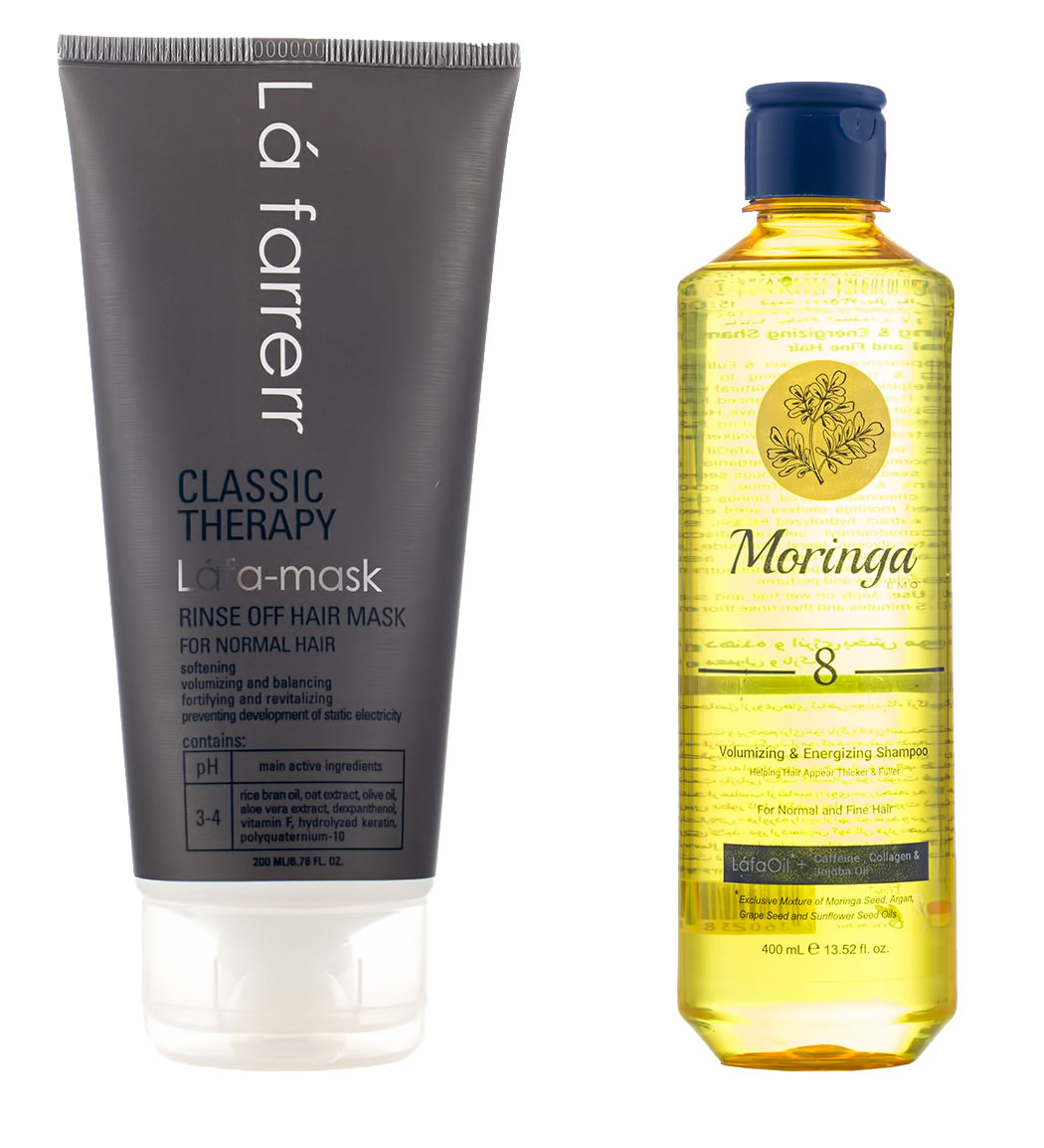 پک شامپو ضخیم کننده موهای معمولی و نازک شماره 8 حجم 400میل مورینگا و ماسک مو حالت دهنده موهای معمولی