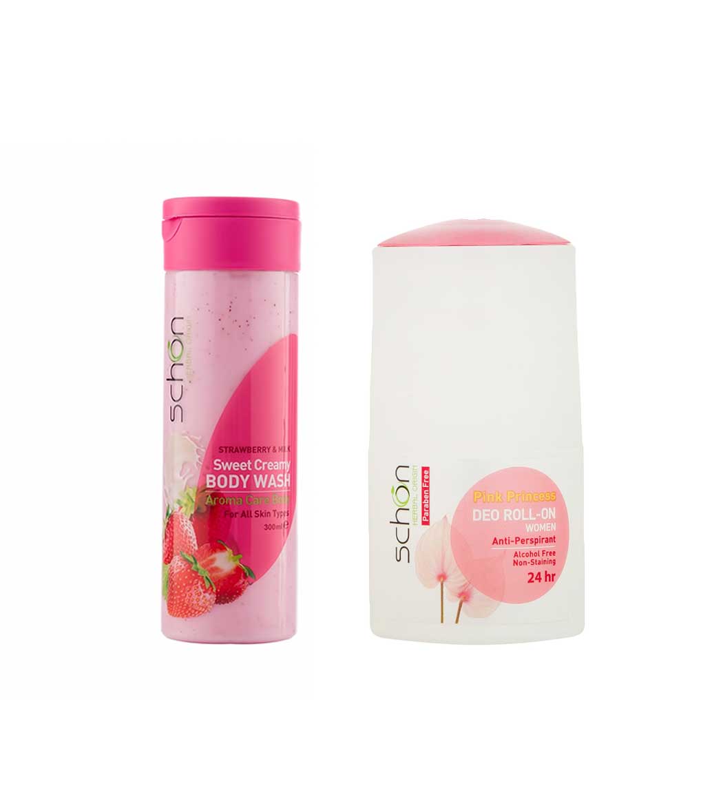 پک شامپو بدن کرمی شیر توت فرنگی 300 میل و مام رول ضد تعریق زنانه مدل پینک پرنسس