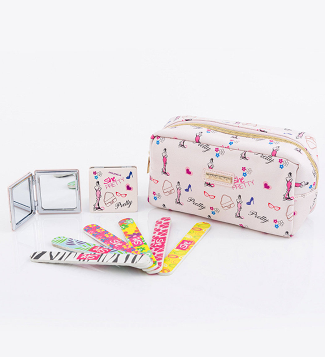 پروموپک زنانه پرتی شامل کیف آرایشی و آینه کیفی و پولیش ناخن