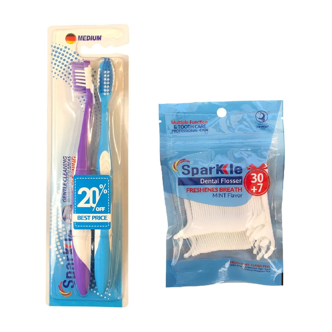 مسواک مدل +S9 با برس متوسط بسته 2 عددی به همراه نخ دندان مدل کمانی مجموعه 37 عددی