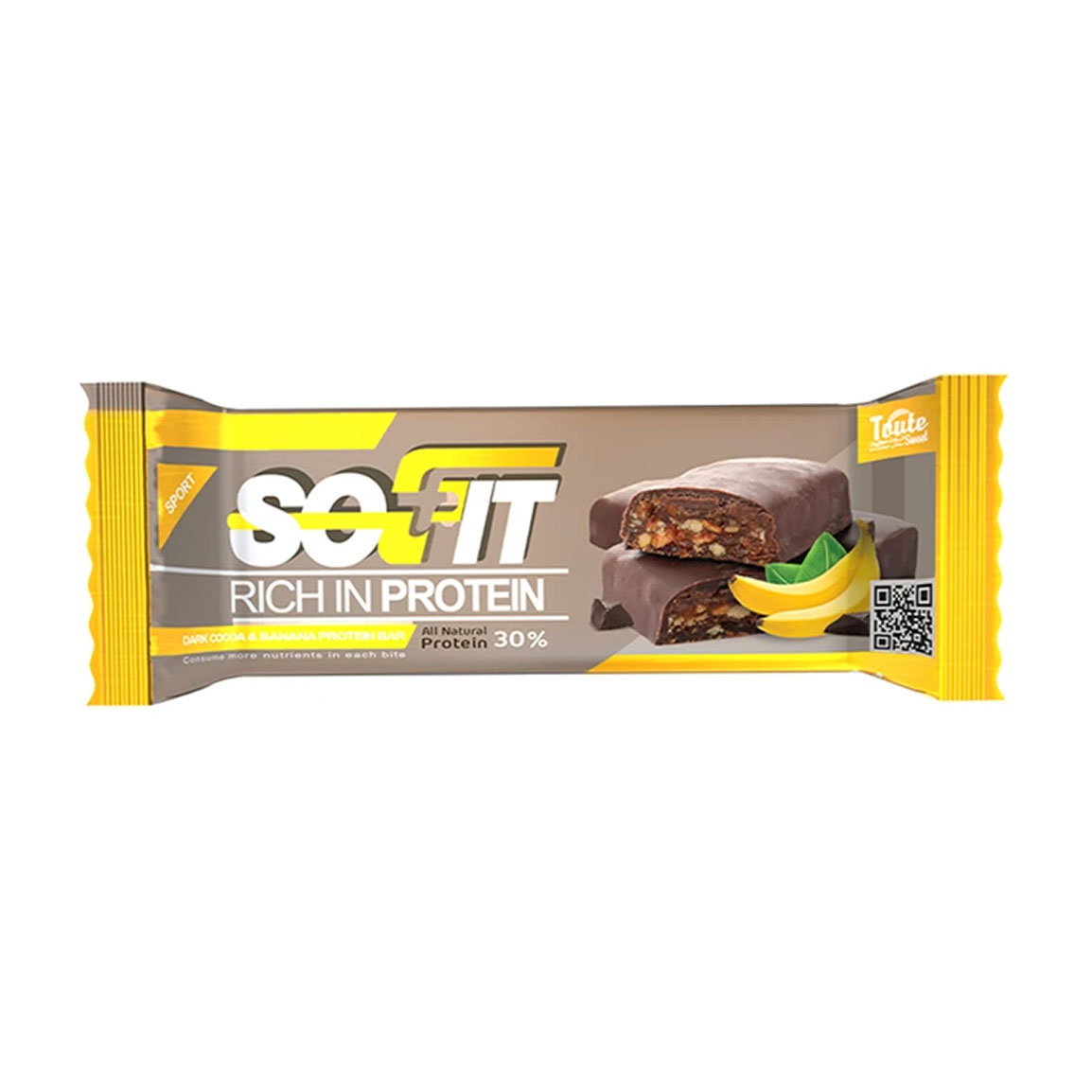 پروتئین بار موز با روکش شکلات تلخ سوفیت وزن 45 گرم