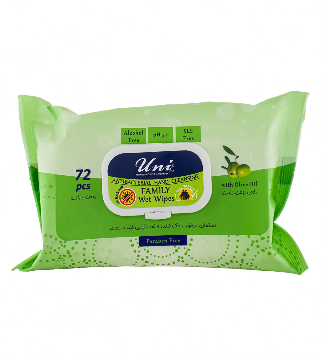 دستمال مرطوب پاک کننده و ضد عفونی کننده دست 72 عددی حاوی روغن زیتون